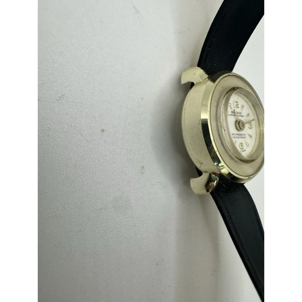 Vintage‎ Newbrook Swiss Made Antimagnetic Shockproof Gold Tone Watch Black Strap